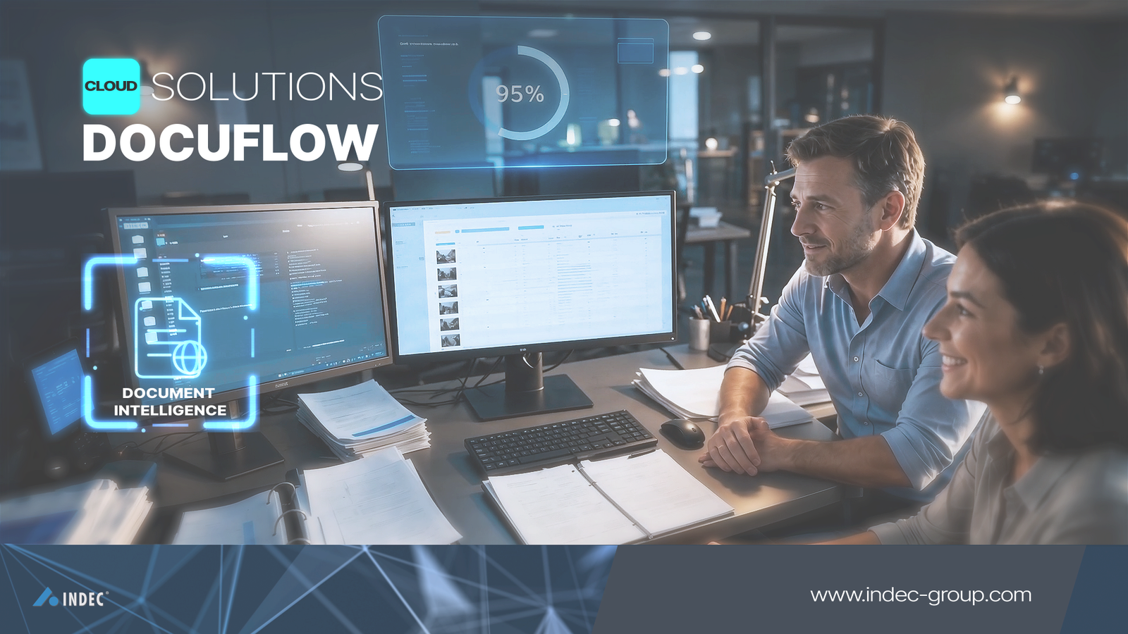 Two colleagues reviewing documents and data on two monitors, with the DocuFlow Document Intelligence card